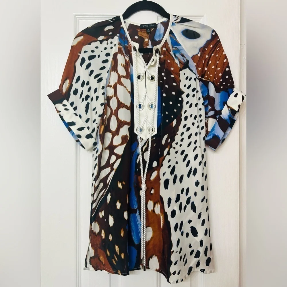 Silk Multicolored Lace Up Animal Print Tunic - Picture 3 of 10